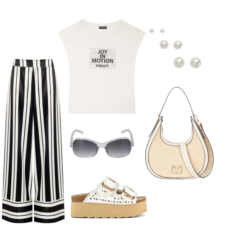 Outfit donna - La T-shirt con la stampa. Stile Casual chic per Ufficio. Abbinamento con pantaloni a palazzo, borse a mano, t-shirt, orecchini, sandali, occhiali da sole.