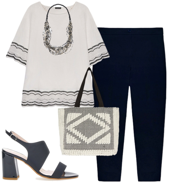 Outfit donna - Fiorella Rubino. Stile Urban per Tutti i giorni. Abbinamento con bluse, pantaloni, sandali col tacco, collane, shopping bag.
