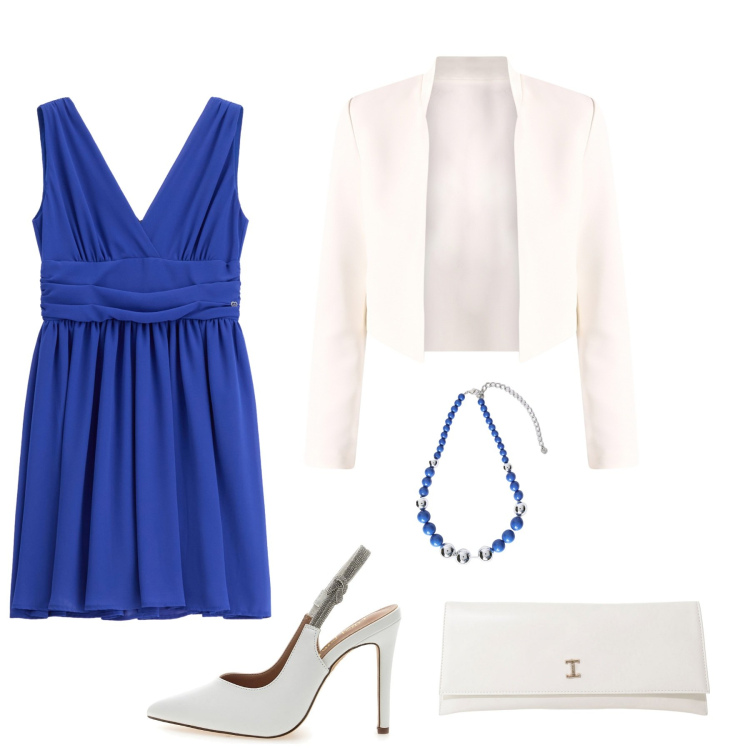 Outfit donna - Bianco e blu. Stile Bon Ton per Cerimonia. Abbinamento con bolero, vestiti corti, pochette, collane, décolleté.