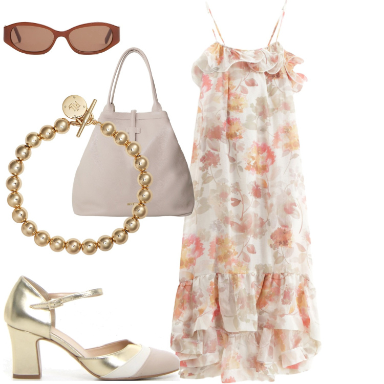 Outfit donna - Total look #2222612. Stile Urban per Tutti i giorni. Abbinamento con vestiti lunghi, borse tote, braccialetti, occhiali da sole, sandali col tacco.