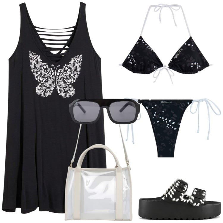 Outfit donna - Al mare. Stile Basic per Mare. Abbinamento con vestiti da spiaggia, borse tote, occhiali da sole, bikini, bikini, ciabatte.