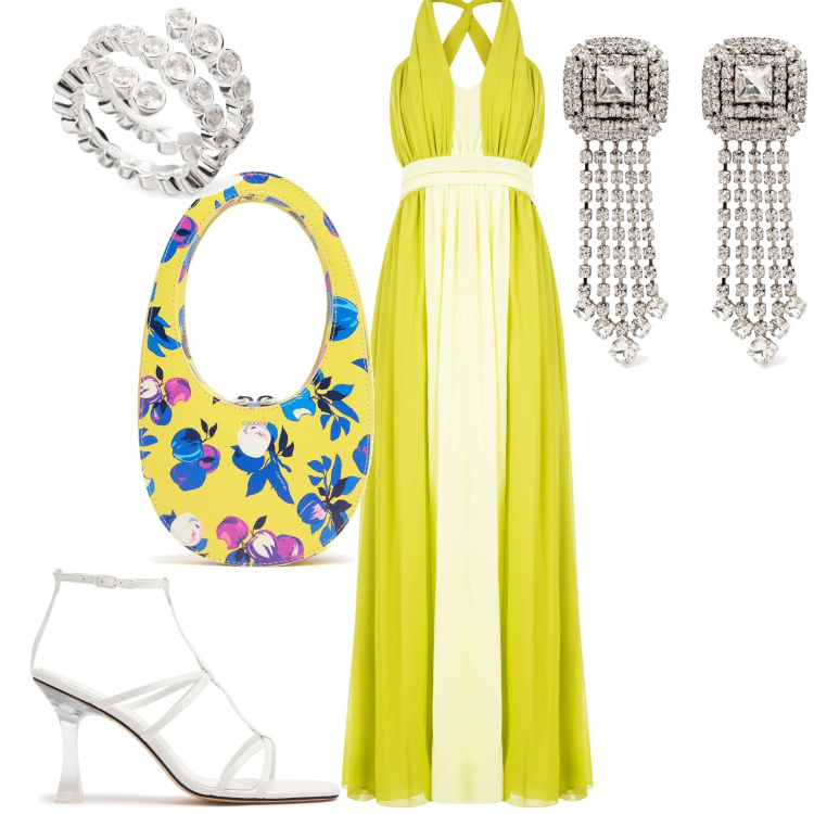 Outfit donna - Evento. Stile Glamour per Serata fuori. Abbinamento con vestiti lunghi, anelli, orecchini, sandali in pelle, borse a mano.