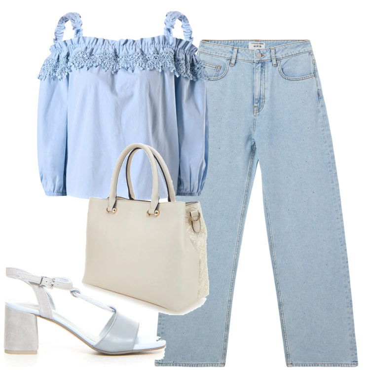 Outfit donna - Agosto. Stile Casual chic per Tutti i giorni. Abbinamento con jeans, bluse, sandali col tacco, borse a tracolla.