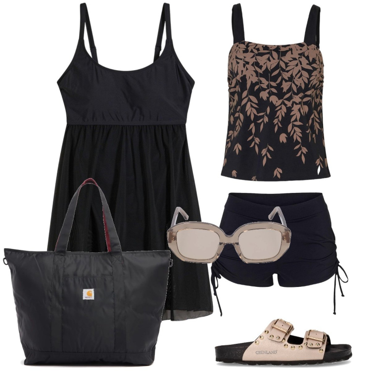Outfit donna - In spiaggia. Stile Minimal per Mare. Abbinamento con vestiti da spiaggia, costumi interi, occhiali da sole, ciabatte, shopping bag.