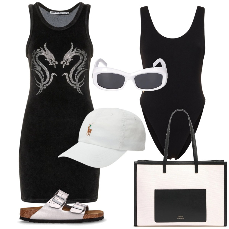 Outfit donna - Al mare. Stile Minimal per Mare. Abbinamento con cappelli, costumi interi, occhiali da sole, borse tote, vestiti, ciabatte.