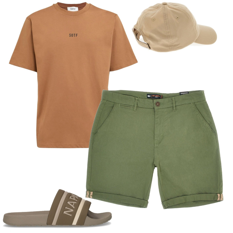 Outfit uomo - Al mare. Stile Casual per Mare. Abbinamento con cappelli, pantaloni cargo, t-shirt, sandali.