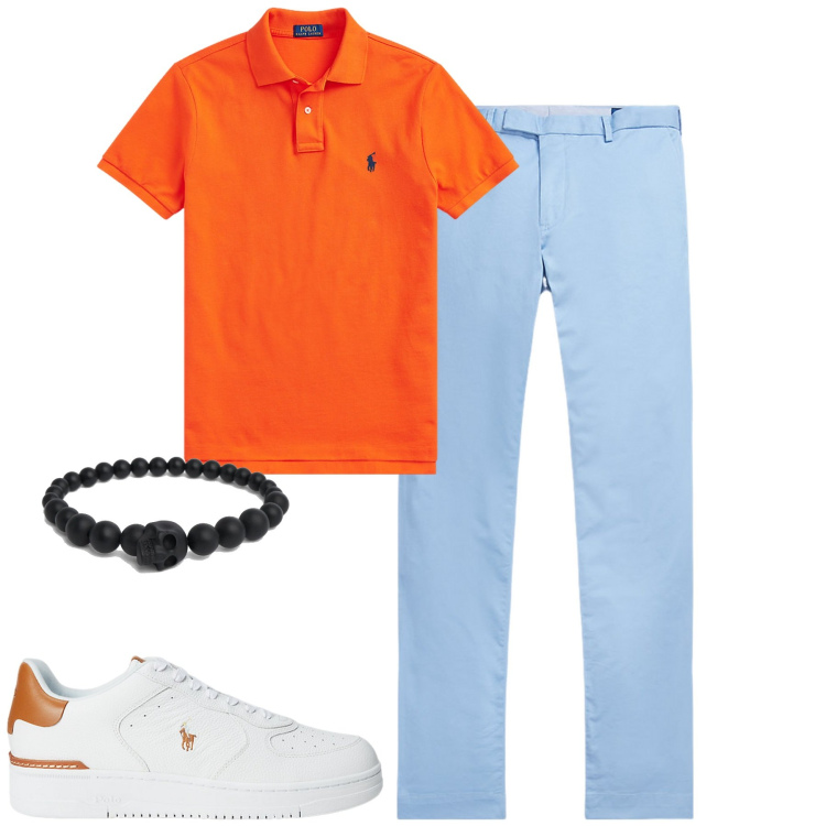 Outfit uomo - La polo arancio. Stile Urban per Tutti i giorni. Abbinamento con polo, sneakers, pantaloni chino, braccialetti.