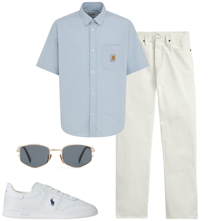 Outfit uomo - Total look #2222626. Stile Trendy per Tutti i giorni. Abbinamento con jeans dritti, sneakers, camicie a manica corta, occhiali da sole.