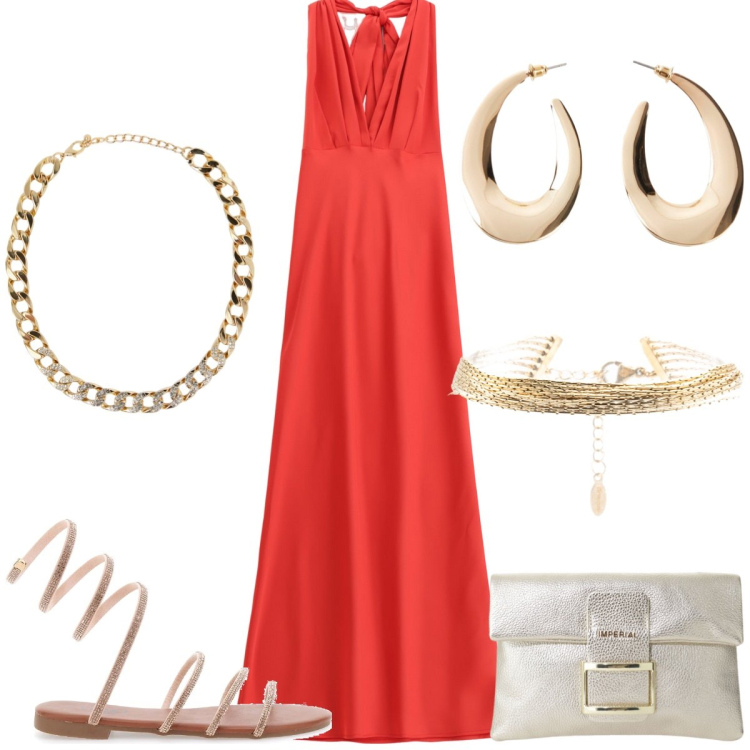 Outfit donna - Total look #2222627. Stile Chic per Serata fuori. Abbinamento con orecchini, collane, pochette, vestiti lunghi, braccialetti, sandali alla schiava.