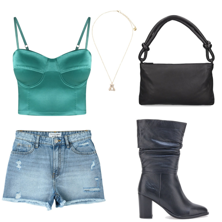 Outfit donna - Sera d\'estate. Stile Casual chic per Serata fuori. Abbinamento con shorts, canottiere, ciondoli, stivali, borse a spalla.