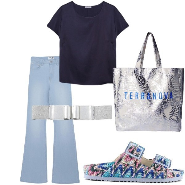 Outfit donna - E siamo in Agosto....... Stile Casual per Tutti i giorni. Abbinamento con cinture, borse tote, jeans a zampa, bluse, sandali.