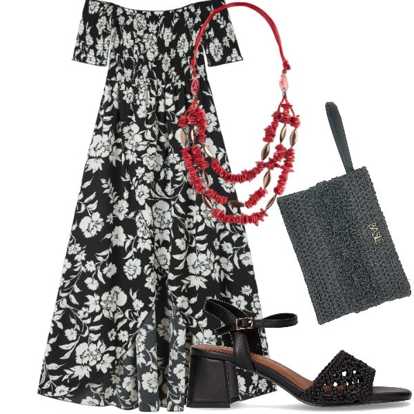 Outfit donna - A cena fuori. Stile Casual chic per Serata fuori. Abbinamento con vestiti lunghi, sandali col tacco, collane, pochette.
