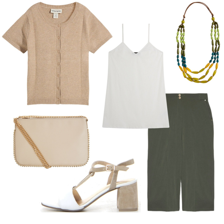 Outfit donna - Total look #2222639. Stile Bon Ton per Ufficio. Abbinamento con cardigans, borse a tracolla, vestiti corti, sandali col tacco, pantaloni, collane.