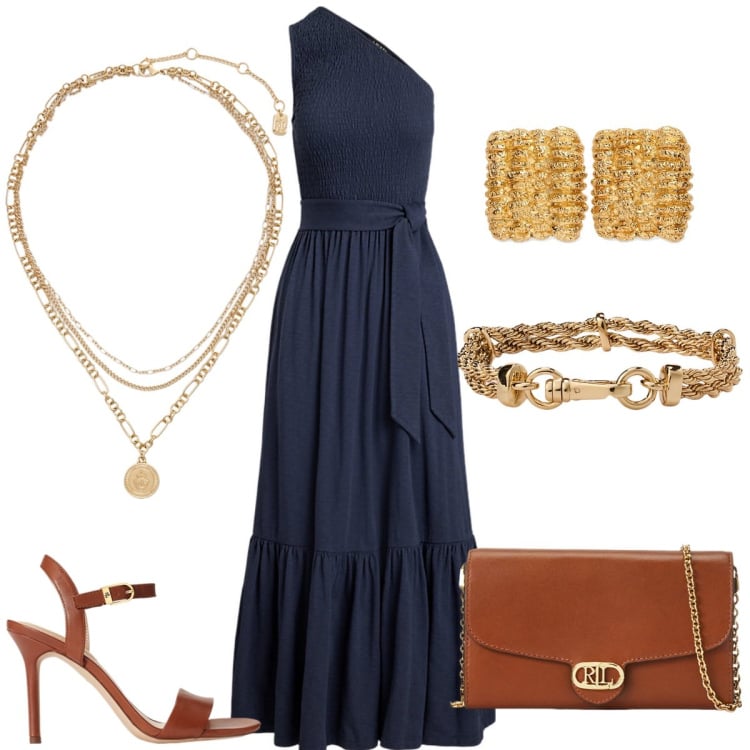 Outfit donna - Aperitivo. Stile Chic per Serata fuori. Abbinamento con vestiti asimmetrici, sandali in pelle, ciondoli, borse a tracolla, braccialetti, orecchini.