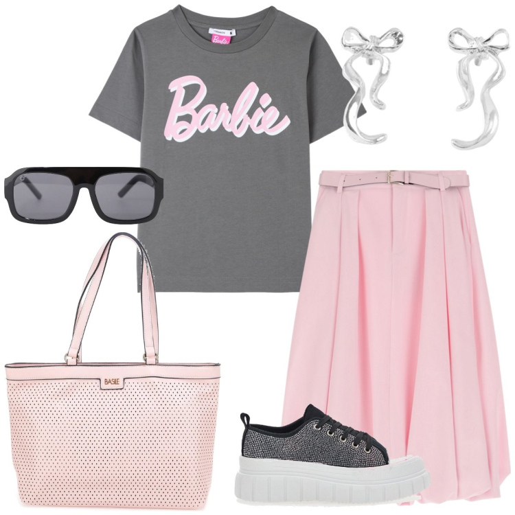 Outfit donna - Total look #2222643. Stile Casual chic per Tutti i giorni. Abbinamento con t-shirt, orecchini, gonne longuette, occhiali da sole, sneakers, borse a spalla.