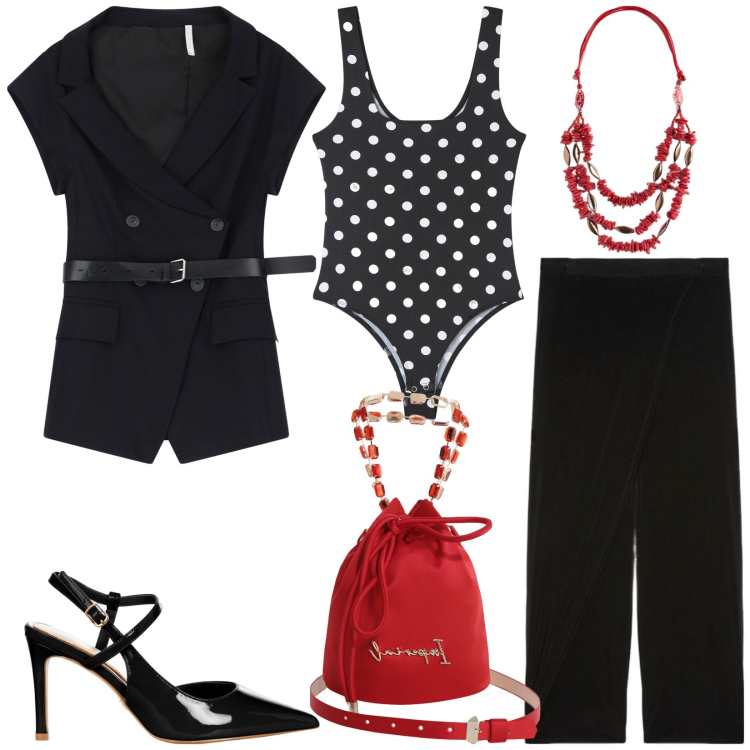 Outfit donna - Total look #2222644. Stile Casual chic per Cerimonia. Abbinamento con body, décolleté, blazer, borse a secchiello, pantaloni, collane.