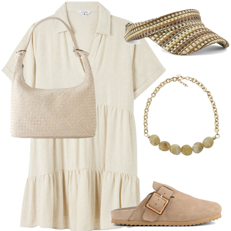 Outfit donna - Comodità in città. Stile Minimal per Tutti i giorni. Abbinamento con shopping bag, vestiti chemisier, collane, sabot, cappelli con visiera.