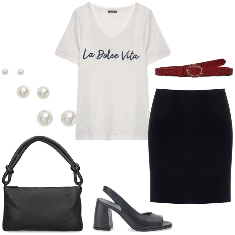 Outfit donna - Total look #2222646. Stile Casual chic per Tutti i giorni. Abbinamento con cinture, minigonne, orecchini, sandali, t-shirt, borse a spalla.