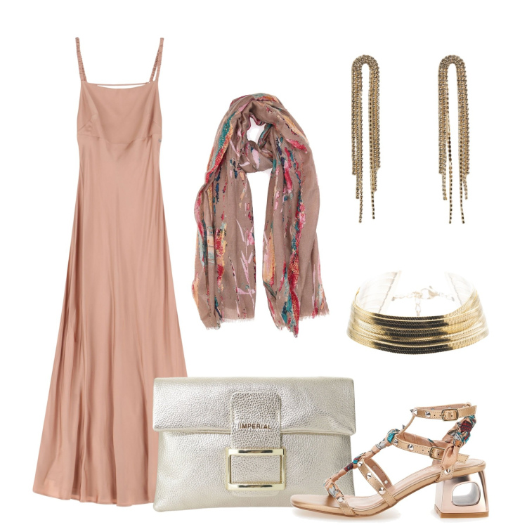 Outfit donna - L\'abito scivolato. Stile Chic per Tutti i giorni. Abbinamento con orecchini, vestiti lunghi, pochette, braccialetti, foulard, sandali col tacco.