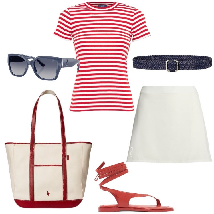 Outfit donna - Passerà. Stile Casual chic per Tutti i giorni. Abbinamento con minigonne, occhiali da sole, cinture, borse tote, sandali in pelle, t-shirt.