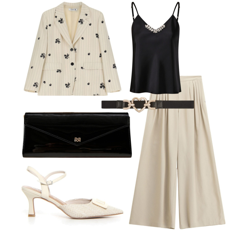 Outfit donna - Total look #2222649. Stile Casual chic per Cerimonia. Abbinamento con cinture, pochette, canottiere, pantaloni a palazzo, blazer, sandali col tacco.