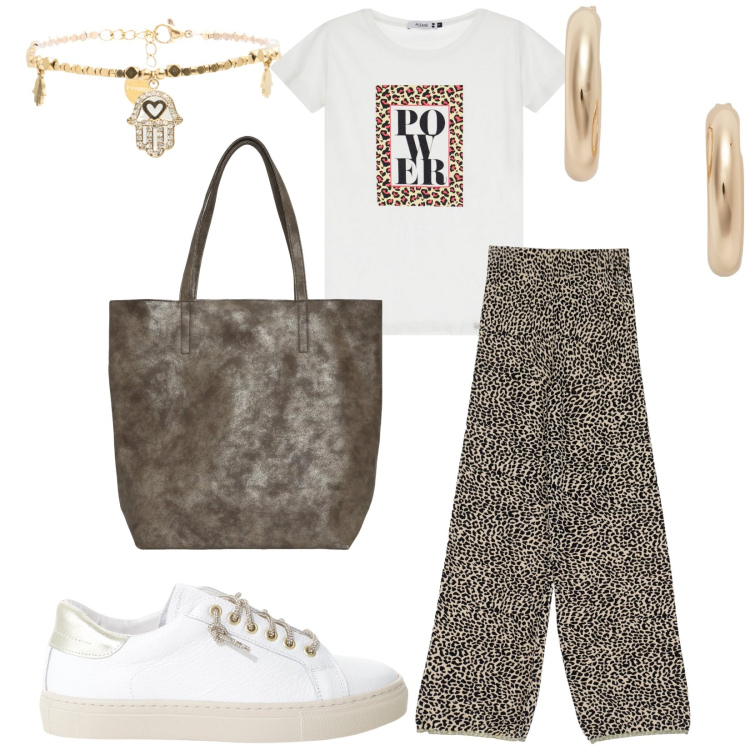 Outfit donna - Total look #2222651. Stile Casual per Tutti i giorni. Abbinamento con borse tote, t-shirt, pantaloni, sneakers, braccialetti, orecchini.