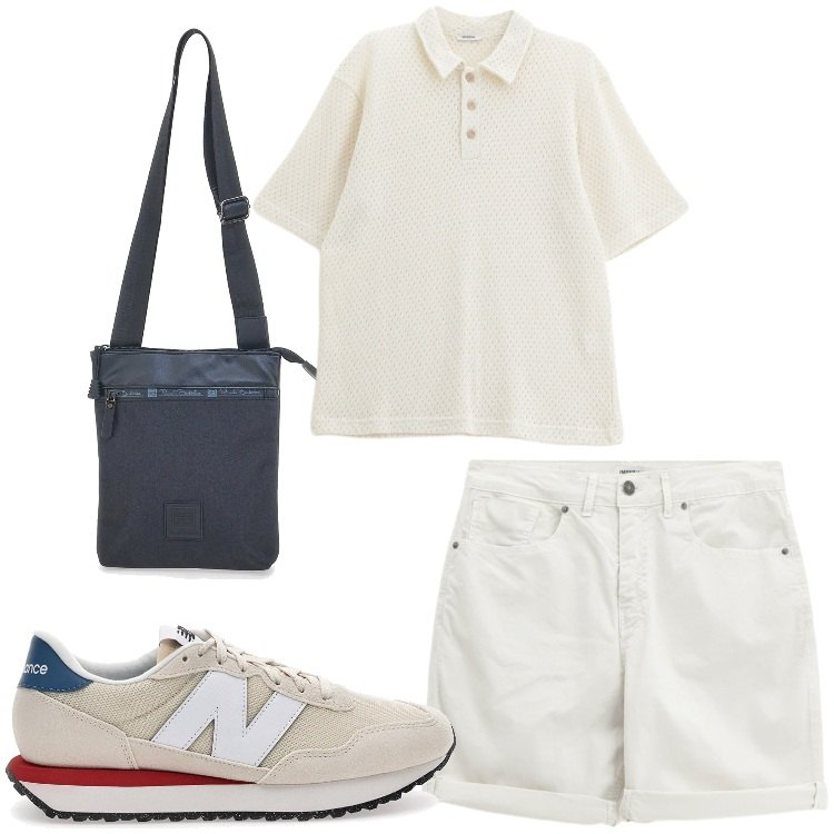 Outfit uomo - Turista. Stile Casual per Tutti i giorni. Abbinamento con polo, shorts, portafogli, sneakers.