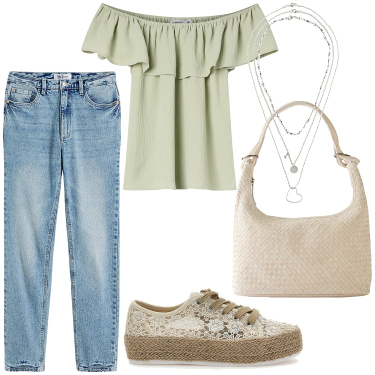Outfit donna - Total look #2222655. Stile Urban per Tutti i giorni. Abbinamento con collane, shopping bag, jeans dritti, bluse, espadrillas.