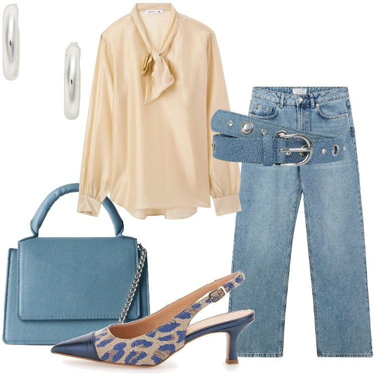 Outfit donna - Denim e bluse per il giorno. Stile Bon Ton per Ufficio. Abbinamento con jeans, bluse, cinture, borse a tracolla, orecchini, décolleté.