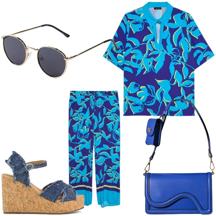 Outfit donna - Come un quadro di Matisse. Stile Chic per Tutti i giorni. Abbinamento con occhiali da sole, pochette, zeppe, pantaloni a palazzo, bluse.