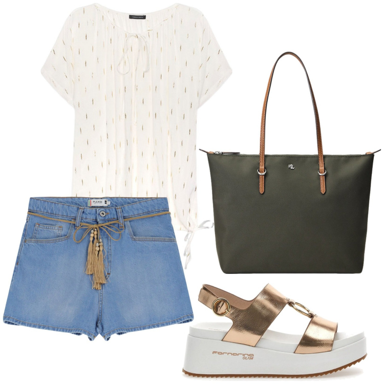 Outfit donna - Total look #2222660. Stile Casual per Tutti i giorni. Abbinamento con shorts, borse tote, sandali, bluse.