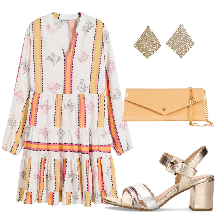 Outfit donna - Caftano elegante per le sere d’agosto. Stile Etnico per Mare. Abbinamento con vestiti, orecchini, pochette, sandali col tacco.