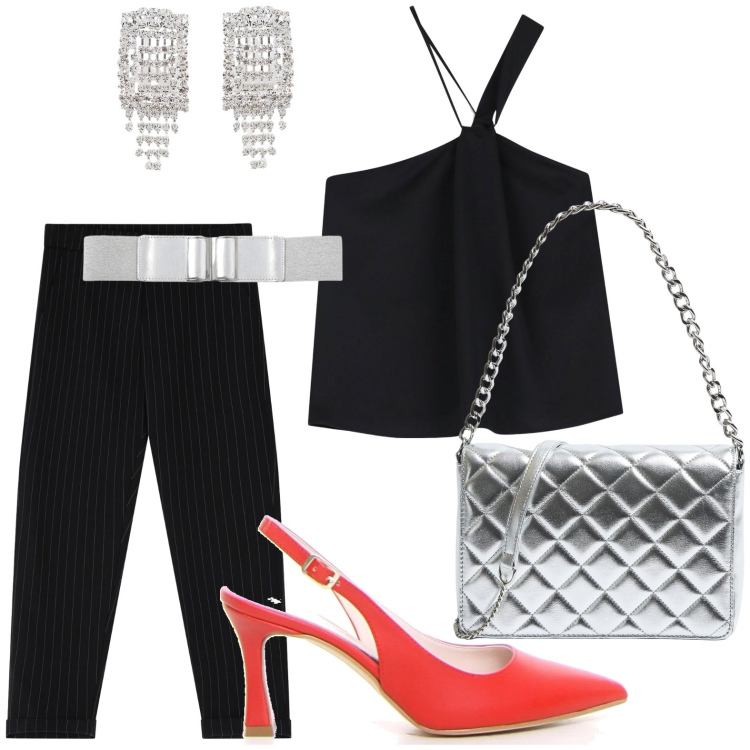 Outfit donna - Set due pezzi in coordinato. Stile Chic per Serata fuori. Abbinamento con cinture, borse a tracolla, top, pantaloni, orecchini, décolleté.