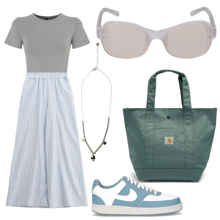 Outfit donna - In riviera. Stile Casual chic per Mare. Abbinamento con pantaloni, ciondoli, borse tote, occhiali da sole, sneakers, t-shirt.