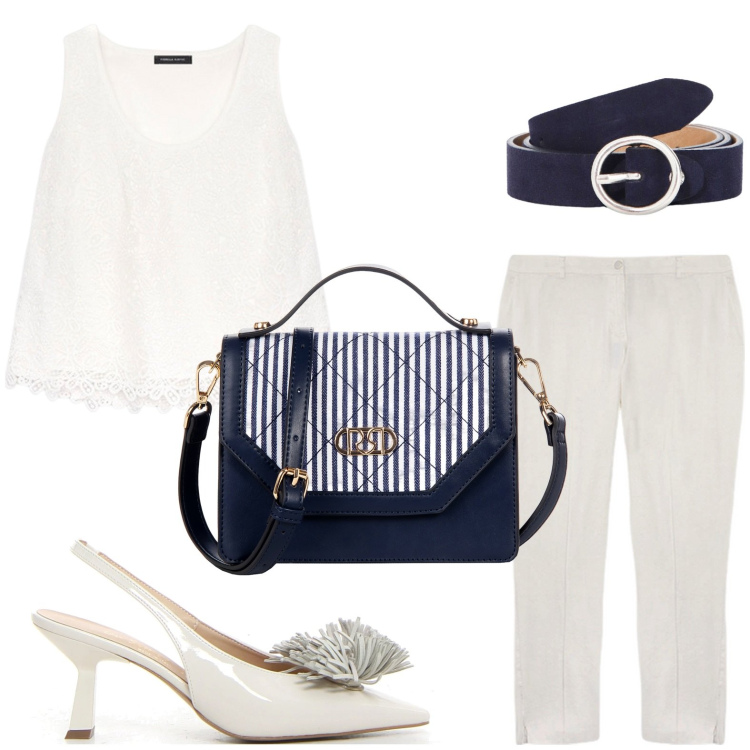 Outfit donna - Set due pezzi in coordinato. Stile Casual per Serata fuori. Abbinamento con borse a mano, cinture, top, pantaloni chino, décolleté.