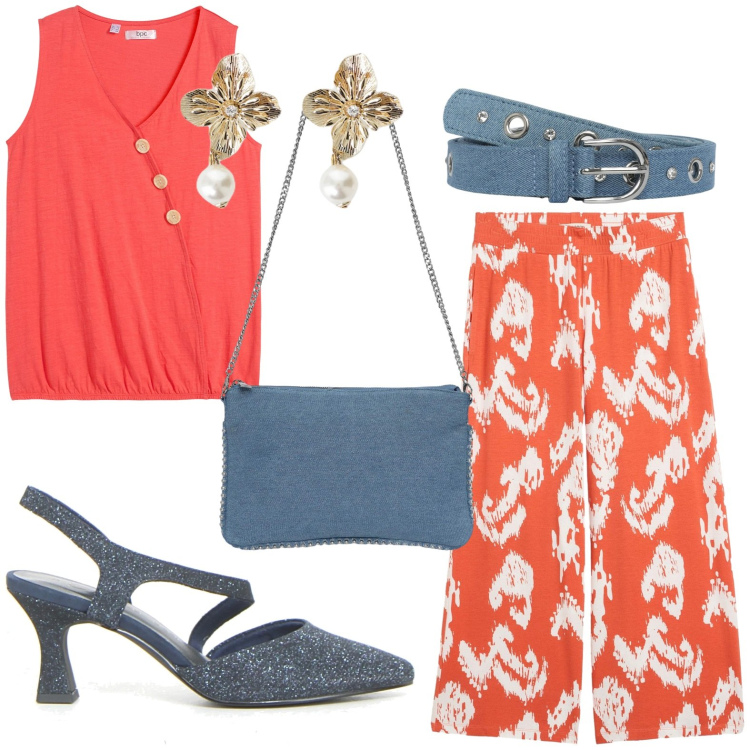 Outfit donna - Set due pezzi in coordinato. Stile Chic per Serata fuori. Abbinamento con top, pantaloni, cinture, borse a tracolla, orecchini, décolleté.