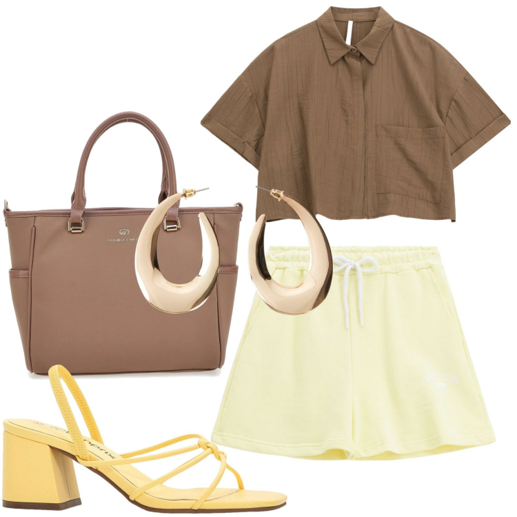 Outfit donna - Perfetta in città. Stile Minimal per Tutti i giorni. Abbinamento con orecchini, sandali col tacco, pantaloni corti, camicie a manica corta, borse a tracolla.