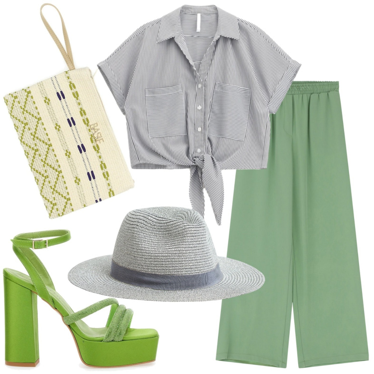 Outfit donna - Eleganza urbana. Stile Casual chic per Serata fuori. Abbinamento con cappelli, pantaloni a palazzo, camicie a manica corta, sandali col tacco, pochette.
