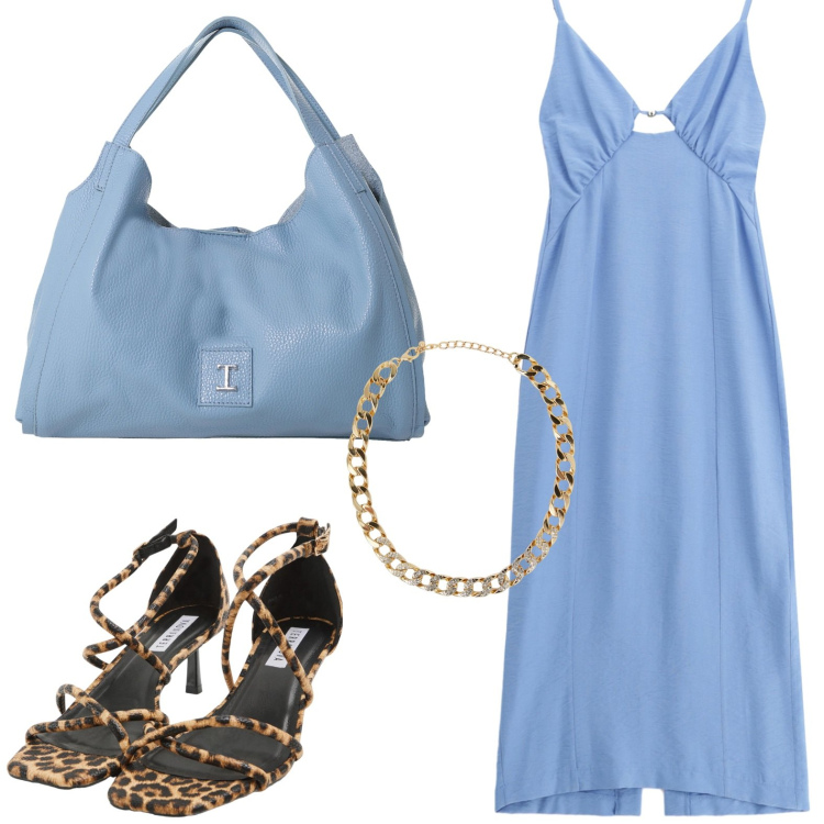 Outfit donna - Sandalo tigrato. Stile Glamour per Serata fuori. Abbinamento con collane, sandali col tacco, vestiti midi/longuette, pochette.