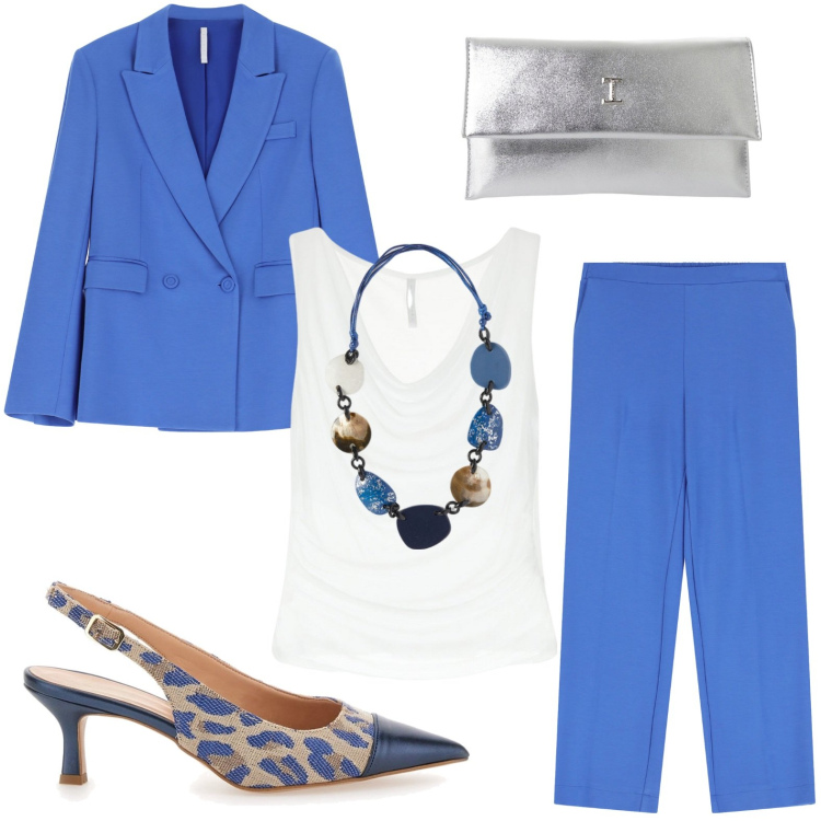 Outfit donna - Glamour. Stile Glamour per Ufficio. Abbinamento con pantaloni, top, blazer, pochette, décolleté, collane.