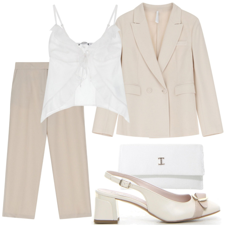 Outfit donna - Raffinata in ufficio. Stile Minimal per Ufficio. Abbinamento con top, blazer, borse a tracolla, pantaloni, décolleté.