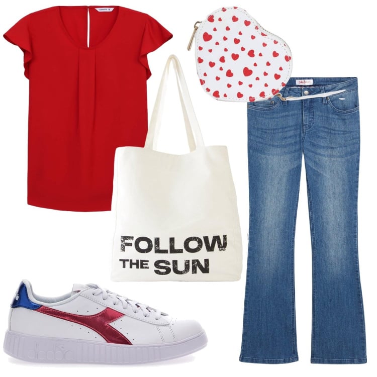 Outfit donna - La blusa rosso fuoco. Stile Casual per Tutti i giorni. Abbinamento con jeans bootcut, shopping bag, bluse, portafogli, sneakers.