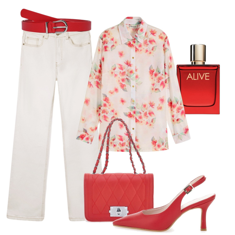 Outfit donna - Blusa delicata sui jeans. Stile Casual chic per Tutti i giorni. Abbinamento con bluse, profumi, cinture, jeans bootcut, décolleté, borse a tracolla.
