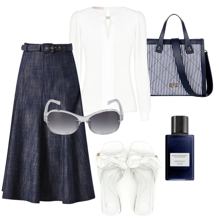 Outfit donna - Blusa bianca e denim blu. Stile Casual chic per Tutti i giorni. Abbinamento con profumi, gonne longuette, bluse, shopping bag, ciabatte, occhiali da sole.