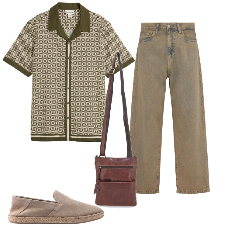Outfit uomo - Col marrone. Stile Casual per Tutti i giorni. Abbinamento con camicie a manica corta, portafogli, espadrillas, jeans.