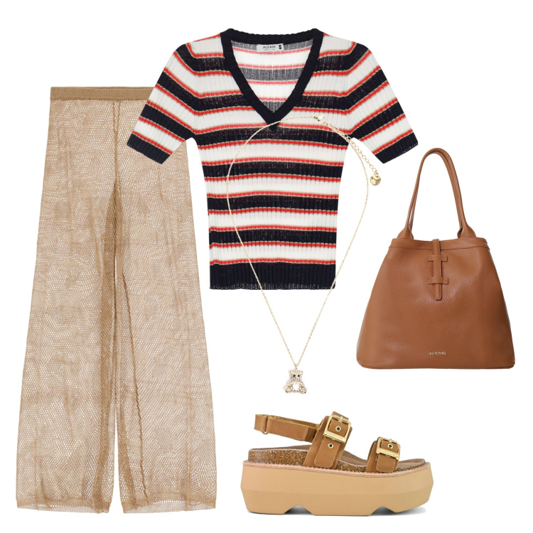 Outfit donna - Abiti please. Stile Casual per Tutti i giorni. Abbinamento con pantaloni, maglieria, borse tote, ciondoli, sandali col tacco.