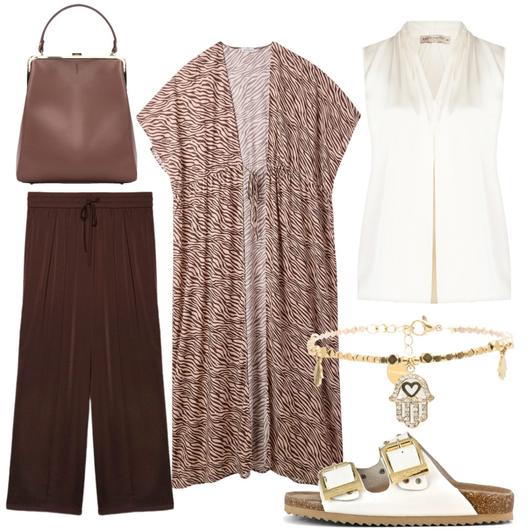 Outfit donna - Total look #2222696. Stile Casual chic Abbinamento con caftani, bluse, braccialetti, sandali, borse a spalla, pantaloni a palazzo.