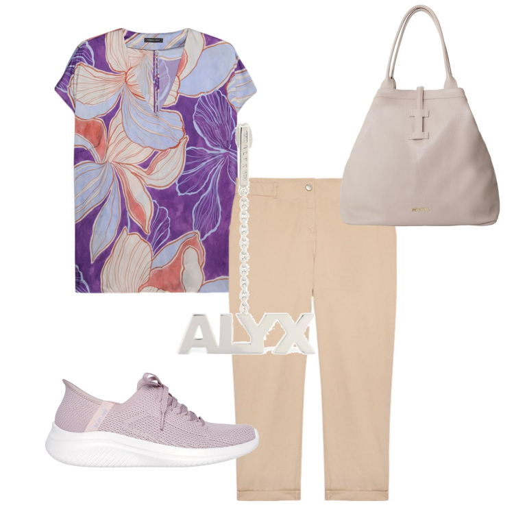 Outfit donna - Un giorno in settimana. Stile Casual per Tutti i giorni. Abbinamento con borse tote, pantaloni, orecchini, bluse, sneakers.