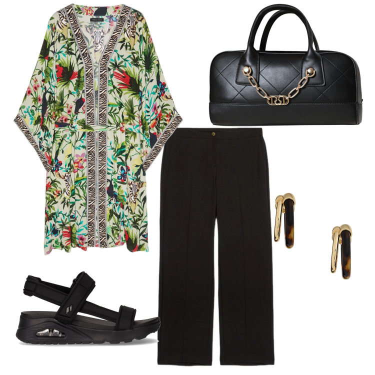 Outfit donna - Comodamente con i sandali. Stile Casual chic per Tutti i giorni. Abbinamento con borse a mano, orecchini, sandali, pantaloni, caftani.