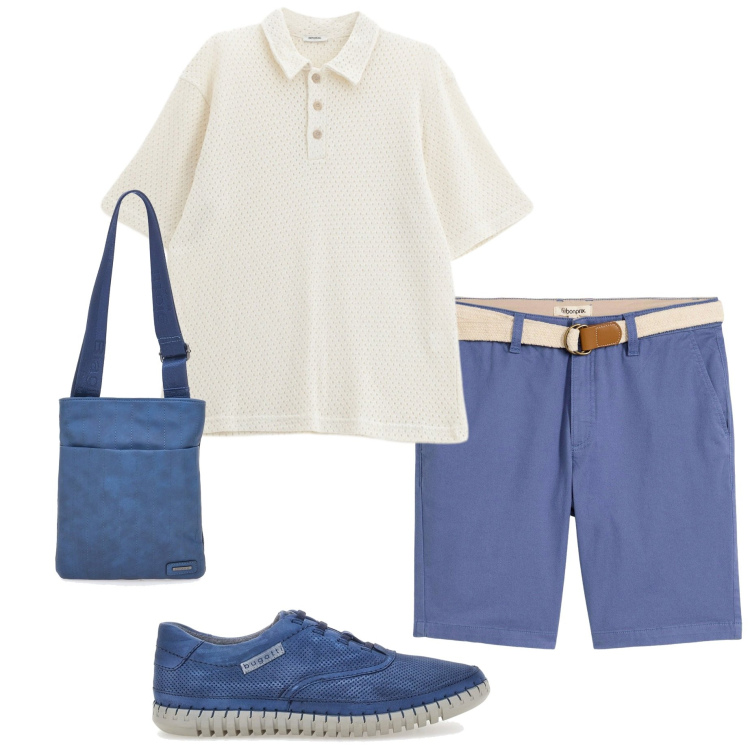 Outfit uomo - Borsa a tracolla. Stile Casual per Tutti i giorni. Abbinamento con bermuda, polo, portafogli, scarpe stringate.
